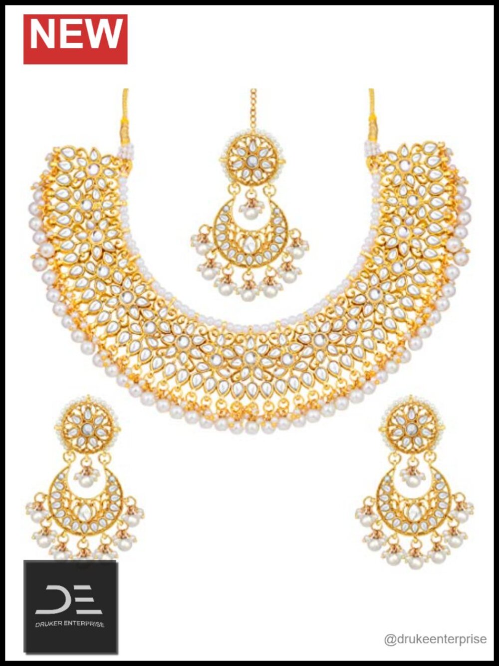 Faux Kundan Jewelry Set with Necklace Earrings Maang Tikka Indian Traditional